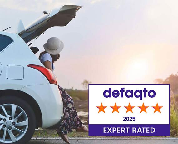 Woman sitting in the boot of a white car at sunset and Defaqto logo