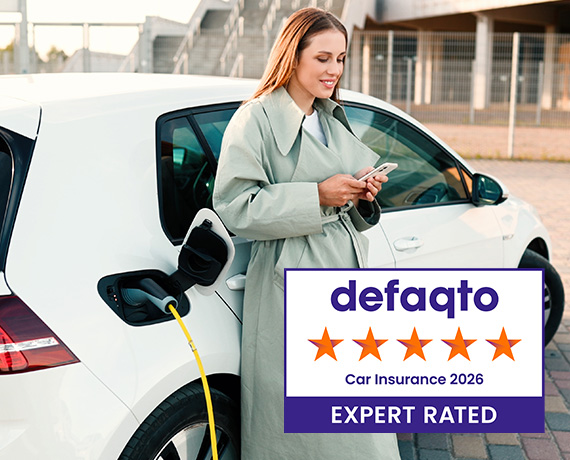 White car in forest with defaqto logo 2025