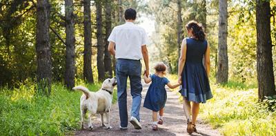 family walking dog