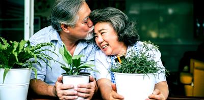 Affectionate couple at home  sorting out indoor plants