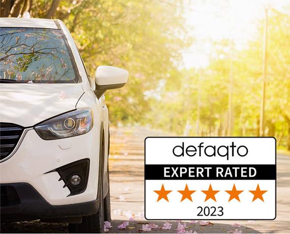 White car in forest with defaqto logo 2023