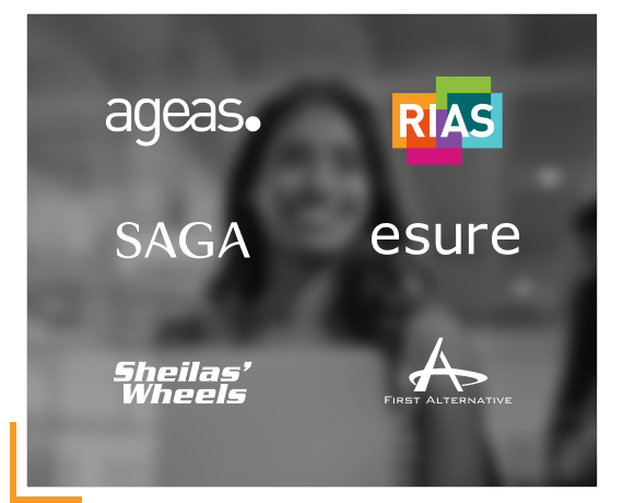 black and white photo of woman with logos for Ageas, Rias, Saga, esure, Sheilas' Wheels and First Alternative
