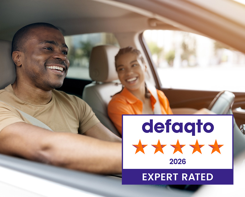 Couple in car with defaqto logo