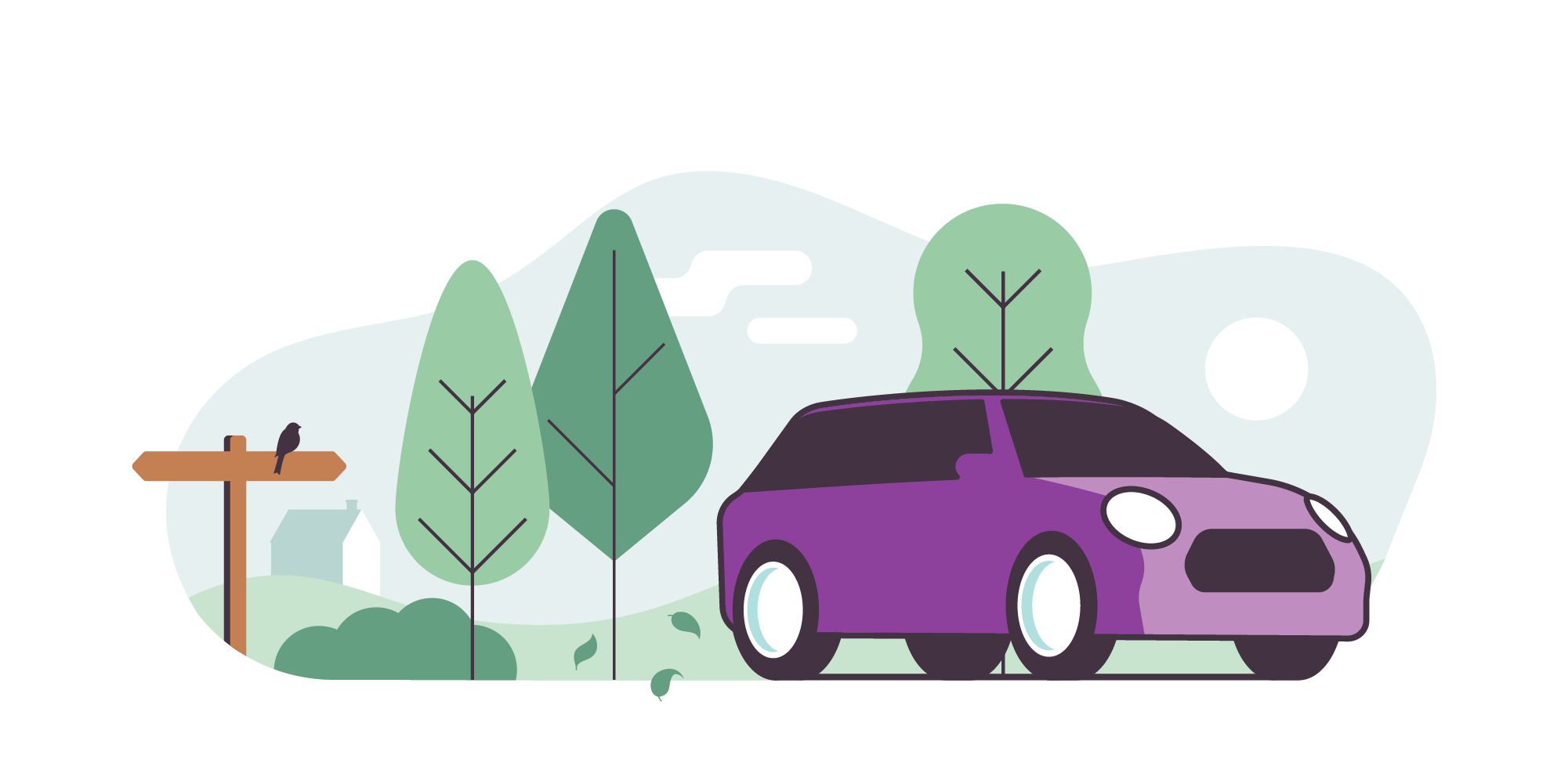 Illustration of a purple car, with trees and hedges