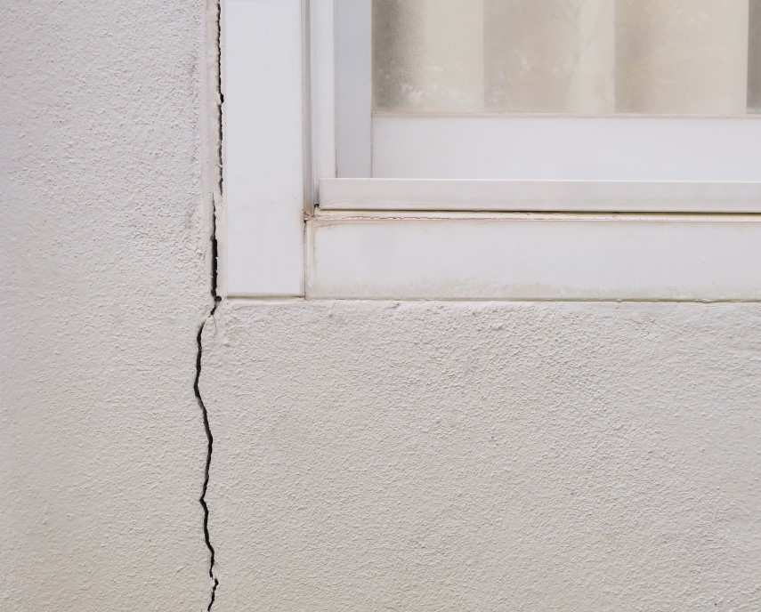 cracked on a wall next to a window