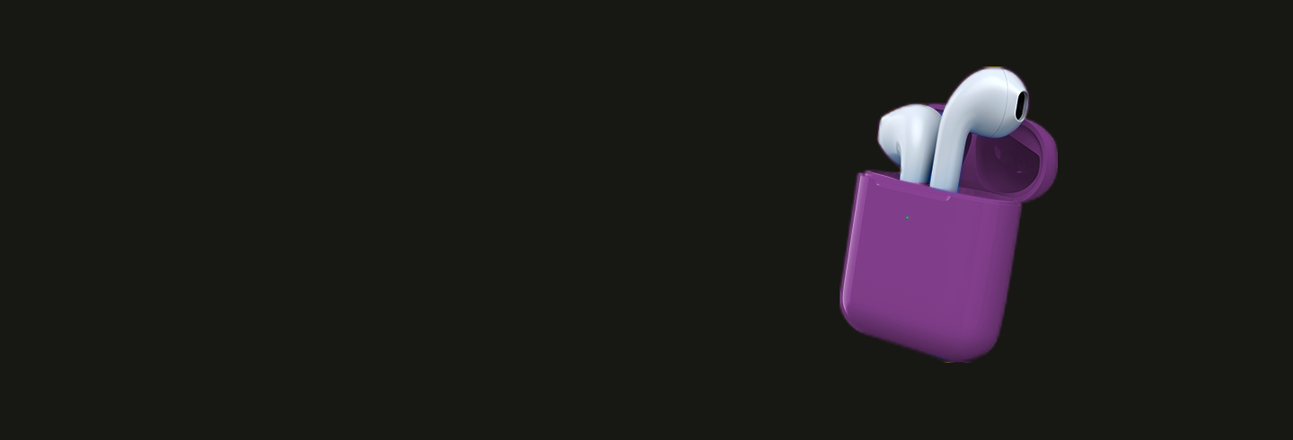 Purple and white earpods on a black background