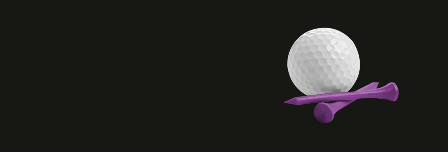 White Golf ball with purple tees on a black background
