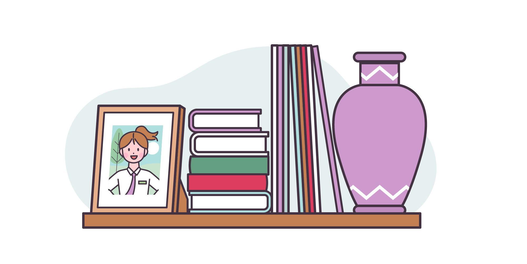 illustration of picture frame, books camera and vase on a shelf