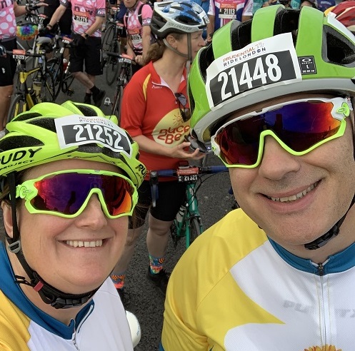 Two charity cyclists in marathon race