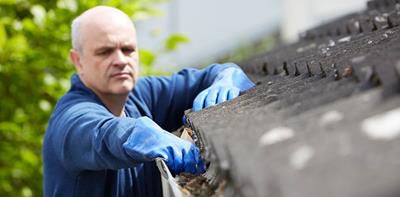 man on ladder clearing leaves from roof guttering