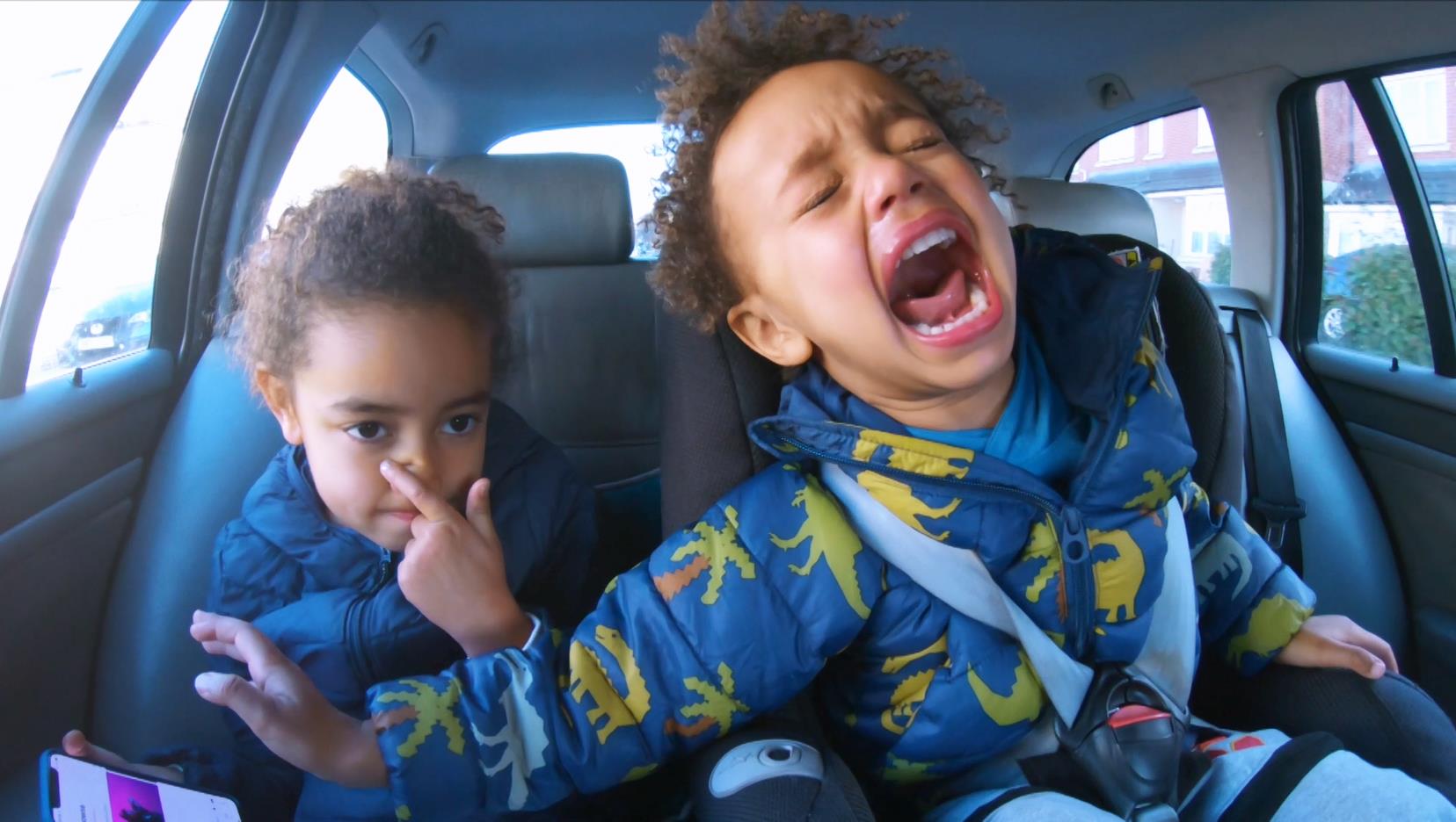 Two brothers screaming in the car
